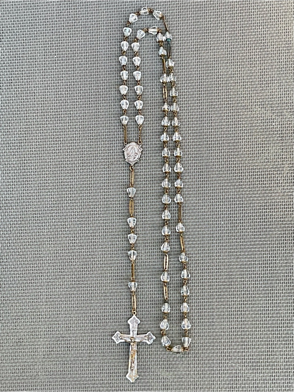 Vintage Clear Faceted Cone Shaped Glass Rosary, Fancy Brass Spacers, Bead Caps